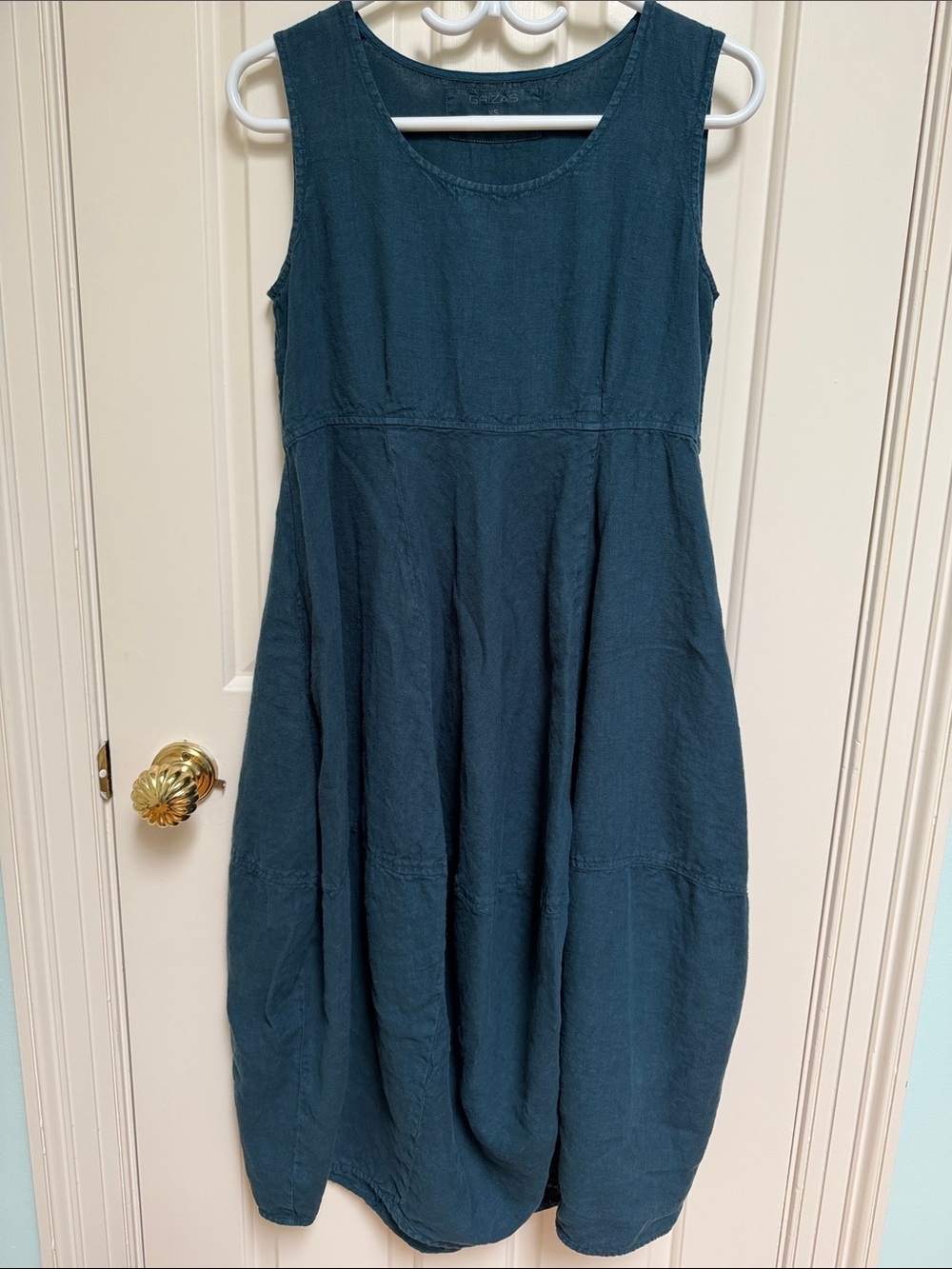 Grizas sz XS Washed Linen Cocoon Dress (with Pockets!) Teal Blue/Green 100%Linen